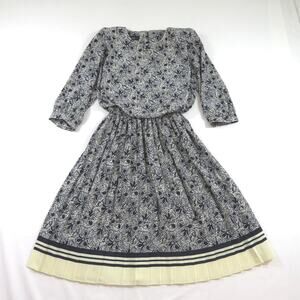 Damon II Dress, Navy Blue White Floral, Union Made in USA, Sz 14 1970s